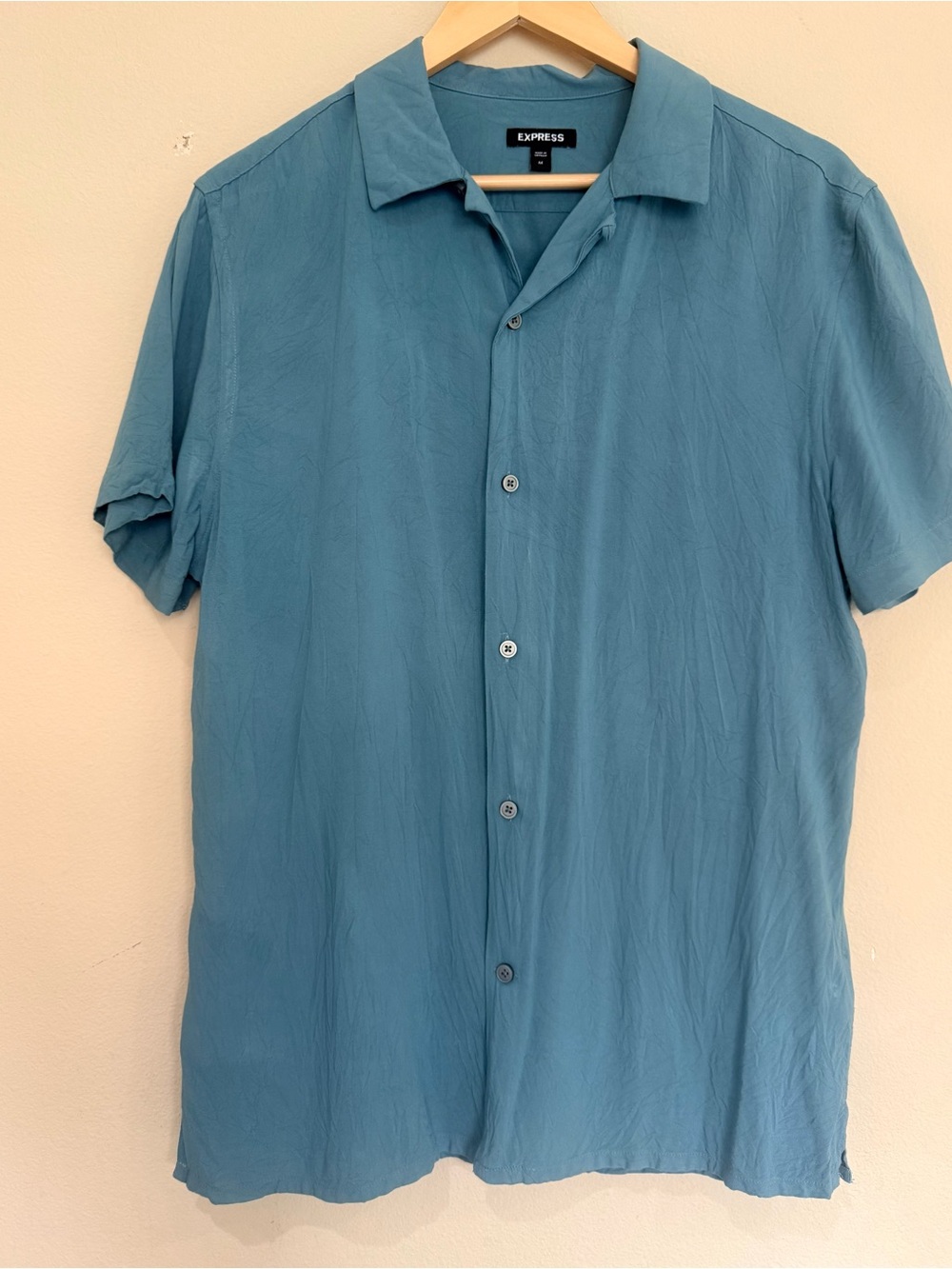 Express Men's Teal Short-Sleeve Button-Up Shirt Size Medium